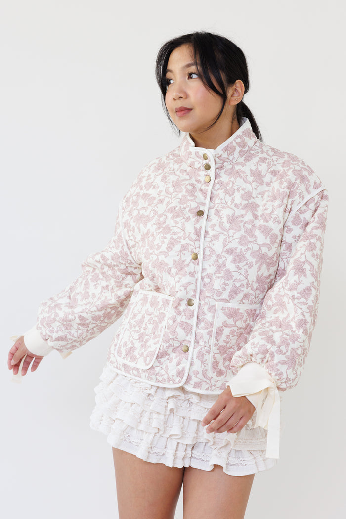 pink floral quilted jacket feminine outerwear chic streetwear fashion casual winter style