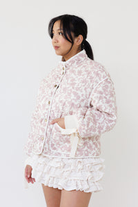 pink floral quilted jacket feminine outerwear chic streetwear fashion casual winter style