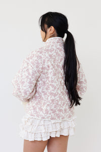 pink floral quilted jacket feminine outerwear chic streetwear fashion casual winter style