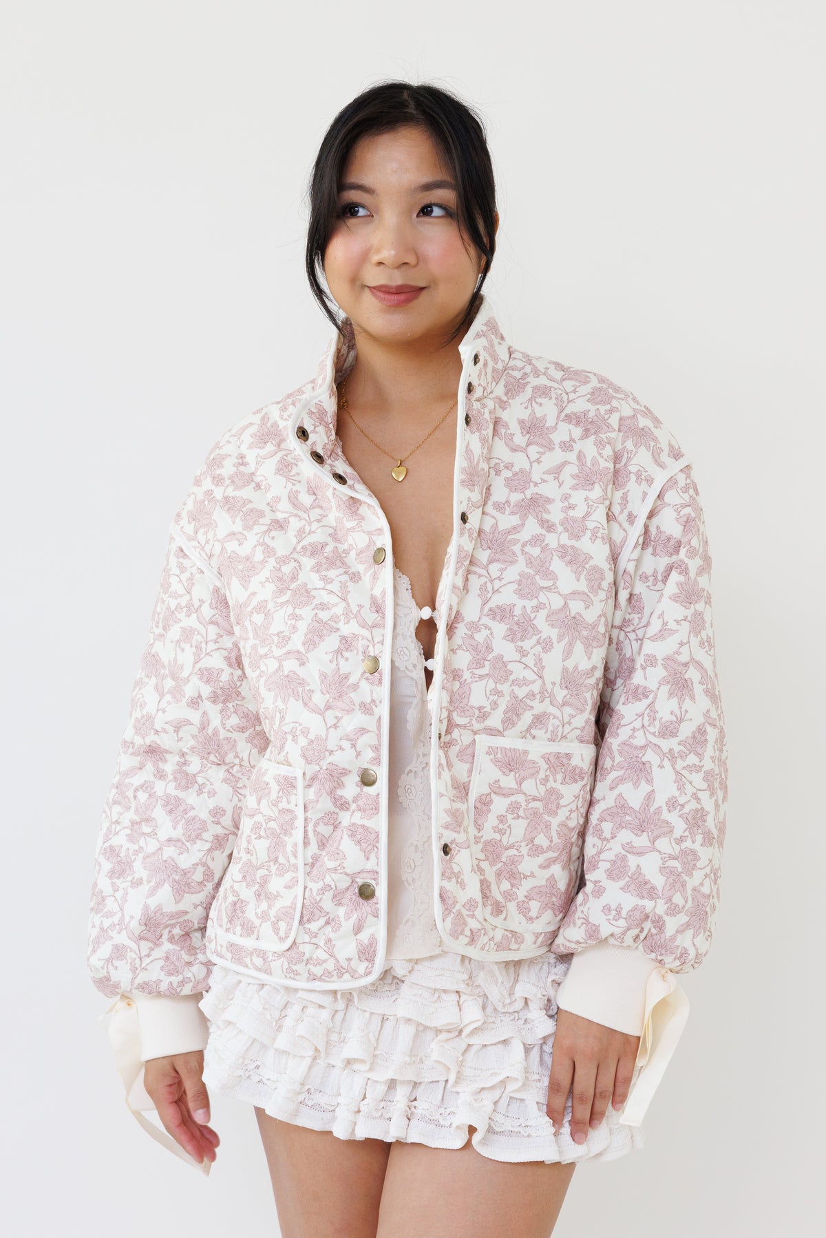 pink floral quilted jacket feminine outerwear chic streetwear fashion casual winter style