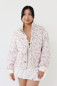 pink floral quilted jacket feminine outerwear chic streetwear fashion casual winter style