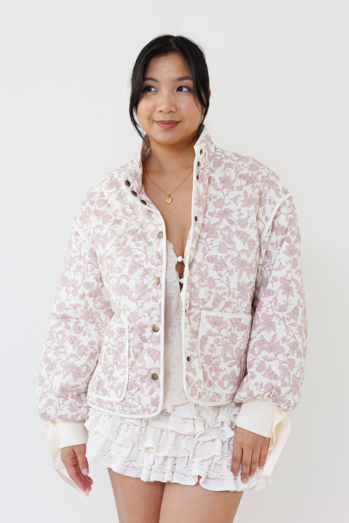 pink floral quilted jacket feminine outerwear chic streetwear fashion casual winter style