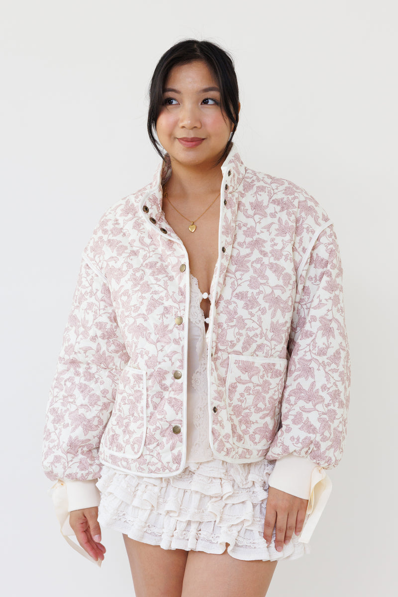 pink floral quilted jacket feminine outerwear chic streetwear fashion casual winter style