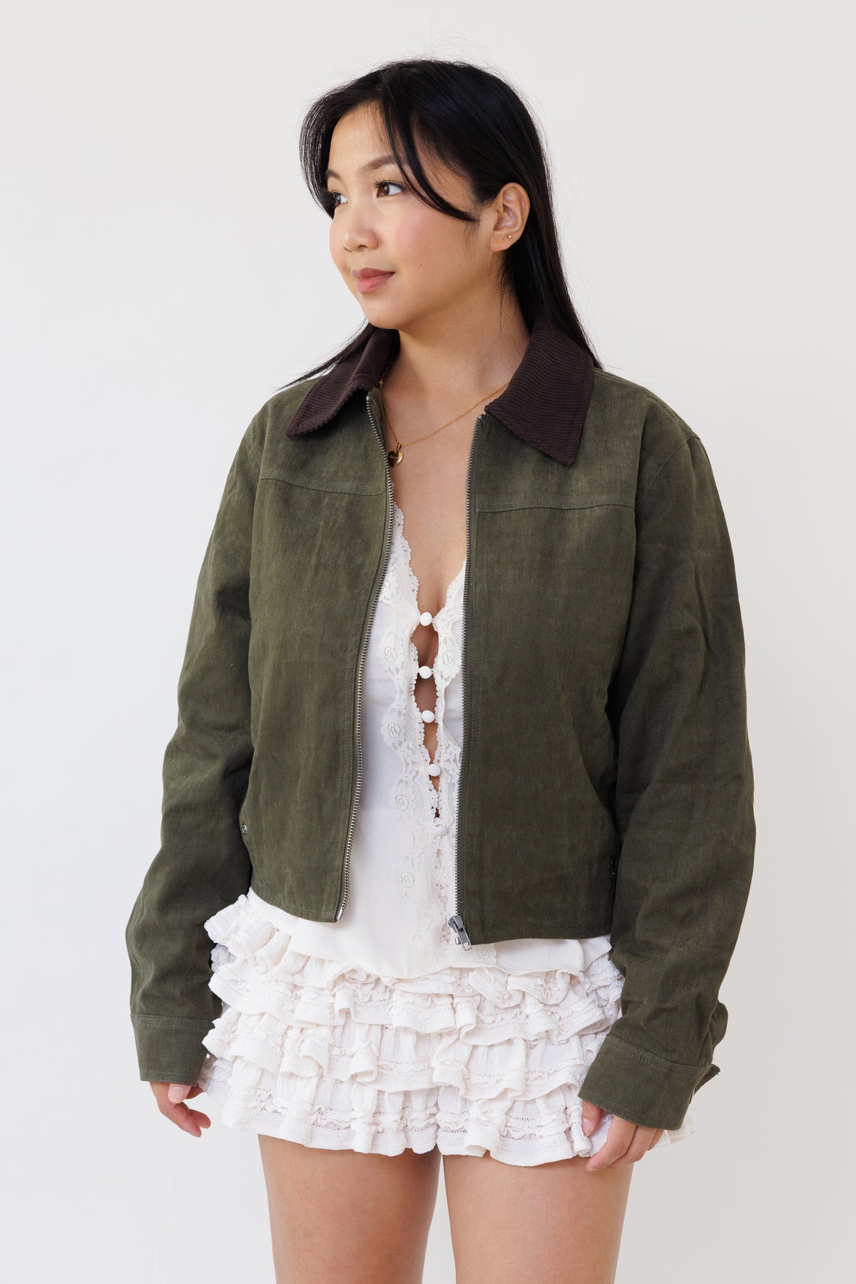 olive green cotton zip up jacket long sleeve collared top corduroy casual outerwear for fall street style women