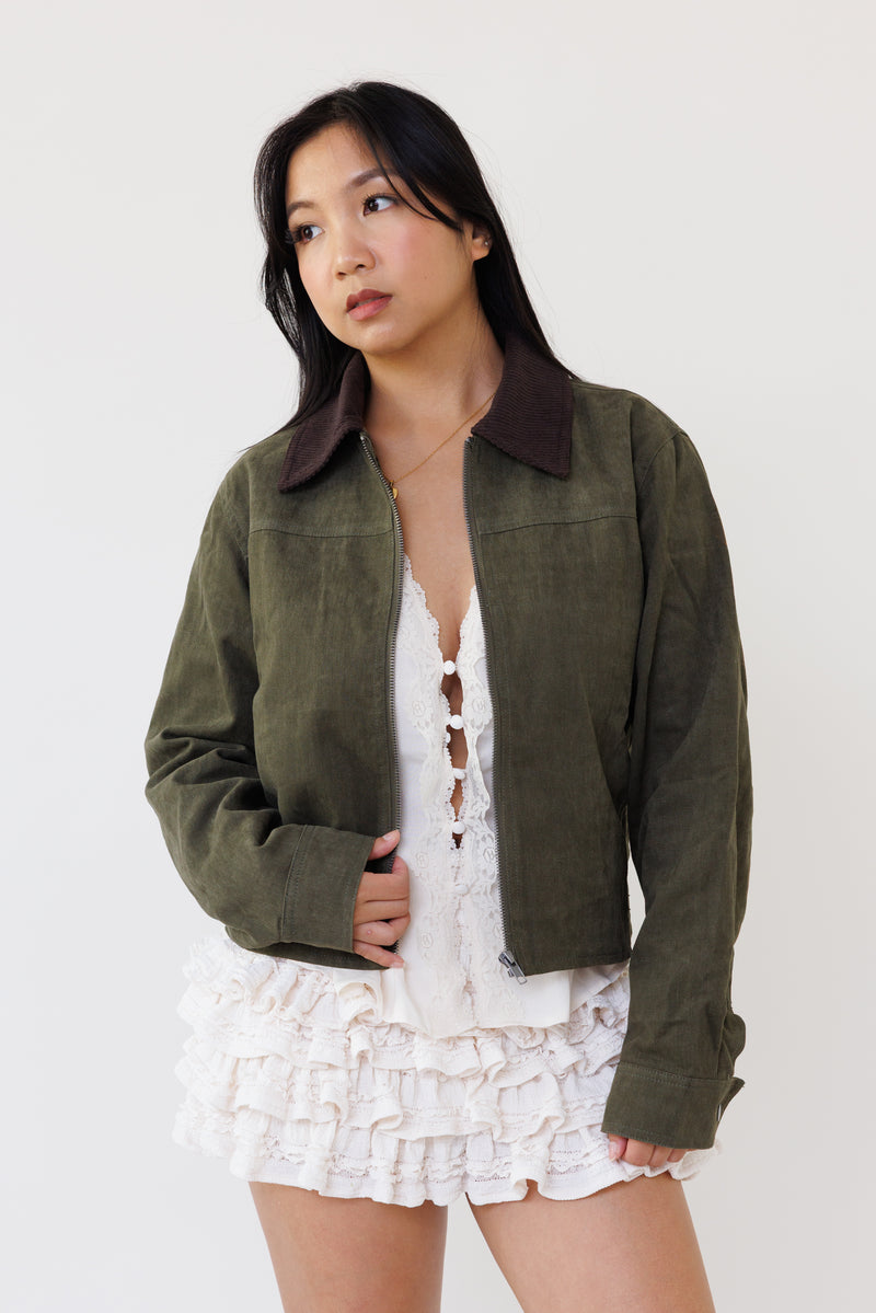 olive green cotton zip up jacket long sleeve collared top corduroy casual outerwear for fall street style women