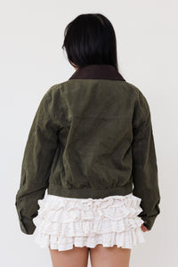 olive green cotton zip up jacket long sleeve collared top corduroy casual outerwear for fall street style women