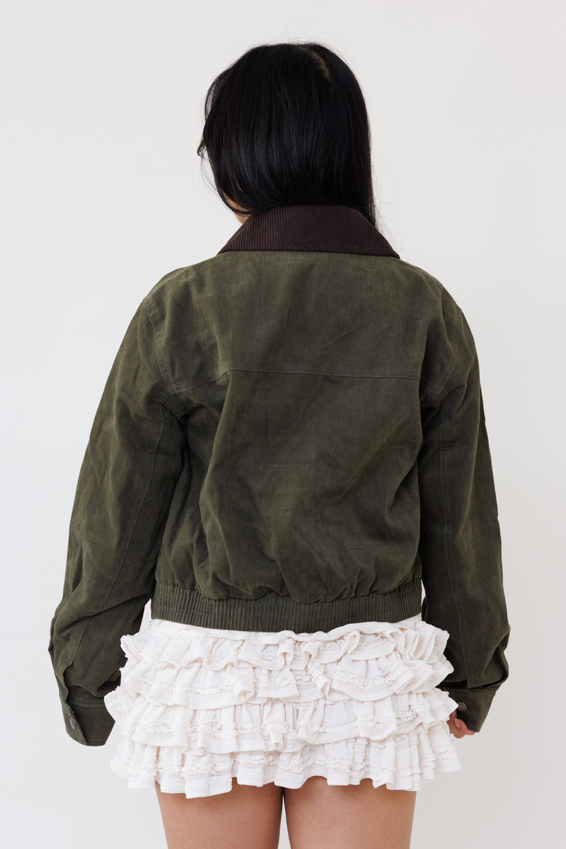 olive green cotton zip up jacket long sleeve collared top corduroy casual outerwear for fall street style women