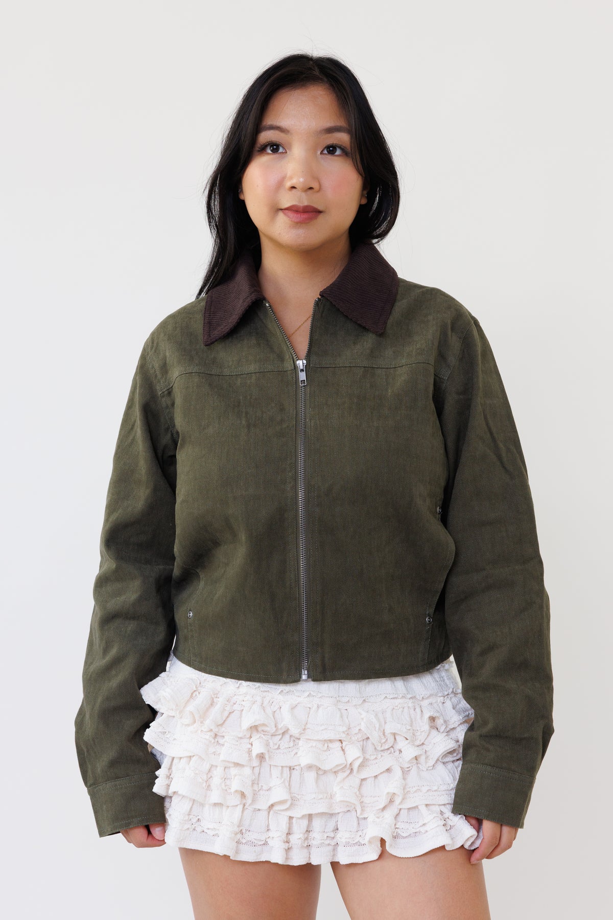 olive green cotton zip up jacket long sleeve collared top corduroy casual outerwear for fall street style women
