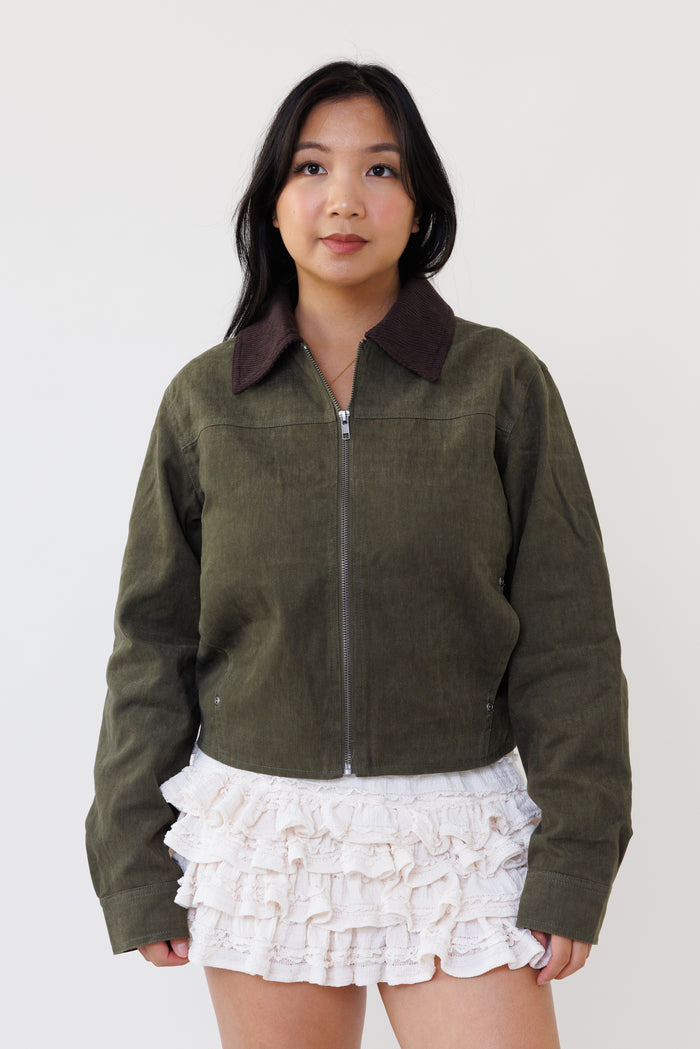 olive green cotton zip up jacket long sleeve collared top corduroy casual outerwear for fall street style women