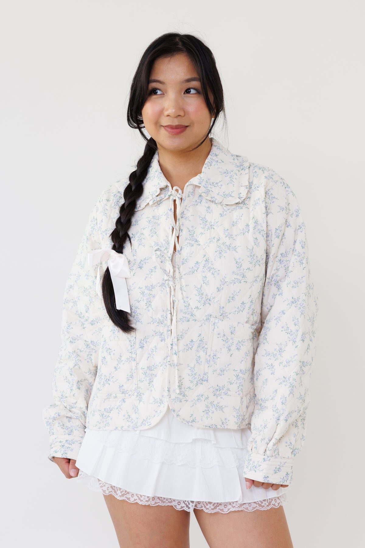 blue floral quilted jacket long sleeve lined lightweight winter coat casual outerwear