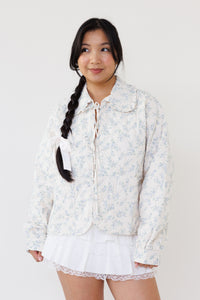 blue floral quilted jacket long sleeve lined lightweight winter coat casual outerwear