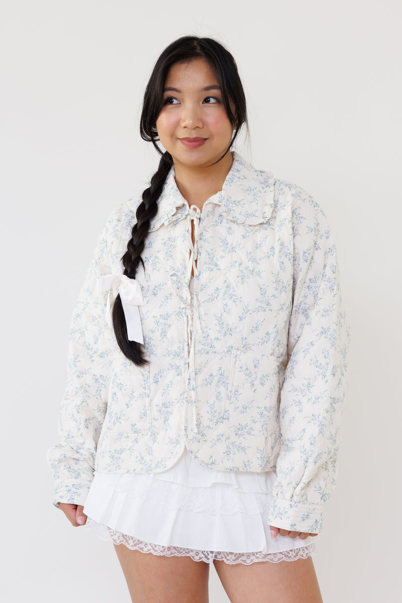 blue floral quilted jacket long sleeve lined lightweight winter coat casual outerwear