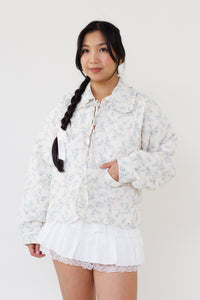 blue floral quilted jacket long sleeve lined lightweight winter coat casual outerwear