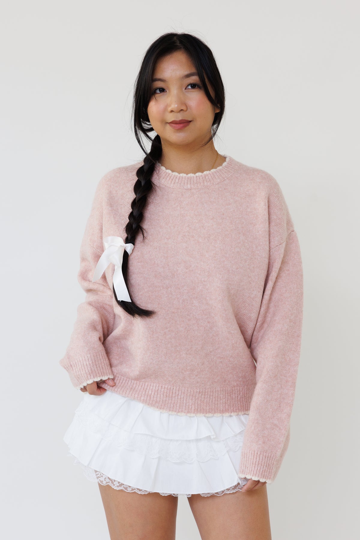 pink knit sweater long sleeve ribbed stretchy fit casual layering top fall winter style