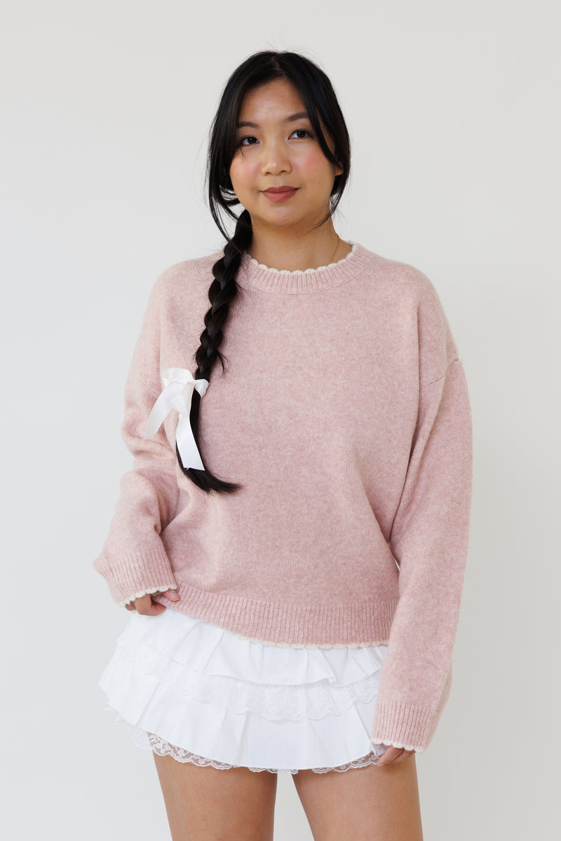pink knit sweater long sleeve ribbed stretchy fit casual layering top fall winter style