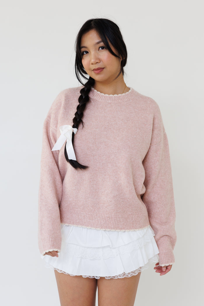 pink knit sweater long sleeve ribbed stretchy fit casual layering top fall winter style