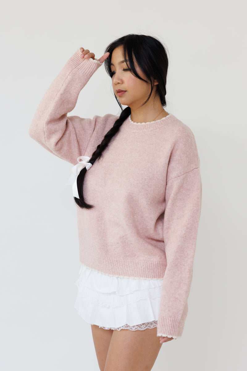 pink knit sweater long sleeve ribbed stretchy fit casual layering top fall winter style
