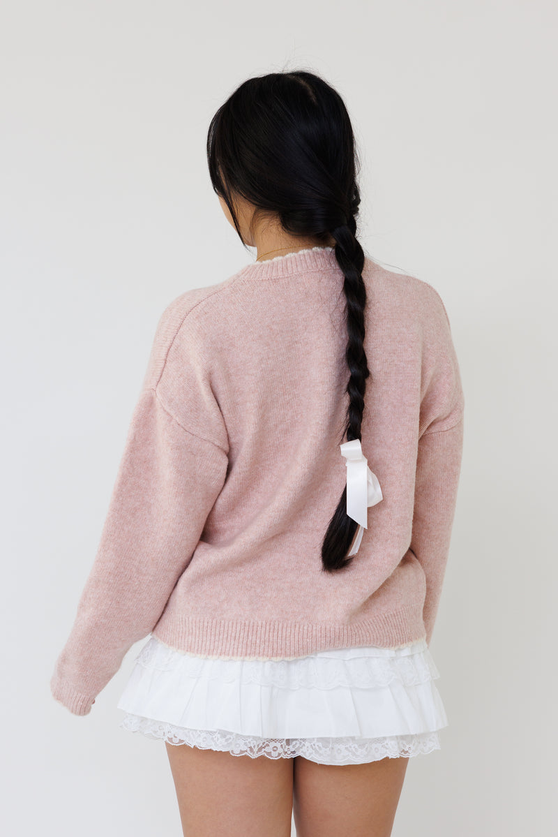 pink knit sweater long sleeve ribbed stretchy fit casual layering top fall winter style