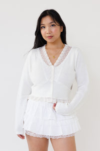 cream cropped knit cardigan v neck floral lace sweater cute layering top for everyday girly style fashion