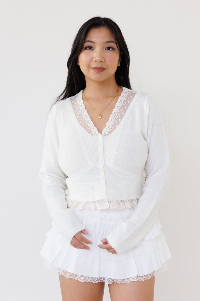 cream cropped knit cardigan v neck floral lace sweater cute layering top for everyday girly style fashion