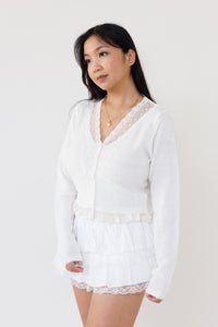 cream cropped knit cardigan v neck floral lace sweater cute layering top for everyday girly style fashion