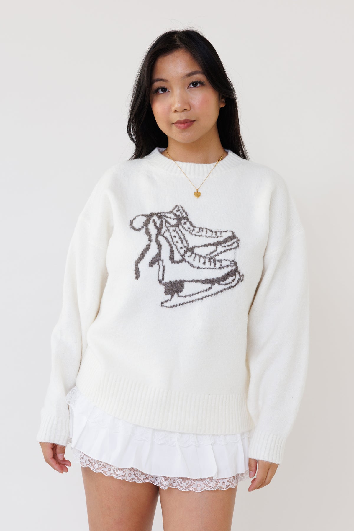 cream knit pullover sweater ice skate design long sleeve wool cozy winter layering top bow cute girly