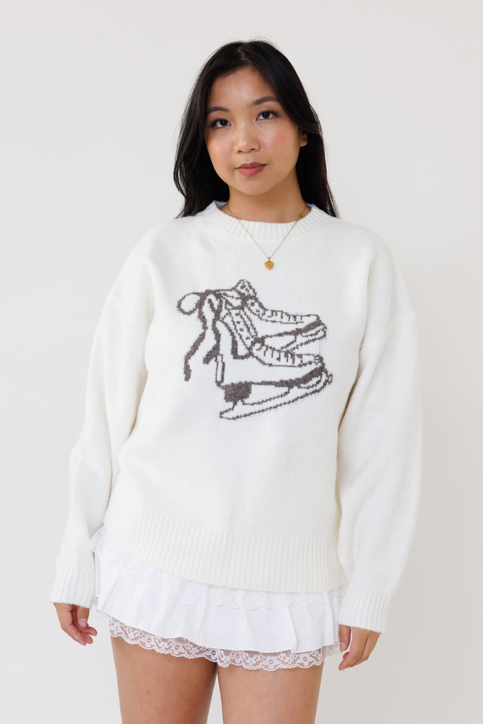 cream knit pullover sweater ice skate design long sleeve wool cozy winter layering top bow cute girly