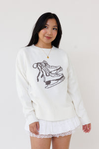 cream knit pullover sweater ice skate design long sleeve wool cozy winter layering top bow cute girly