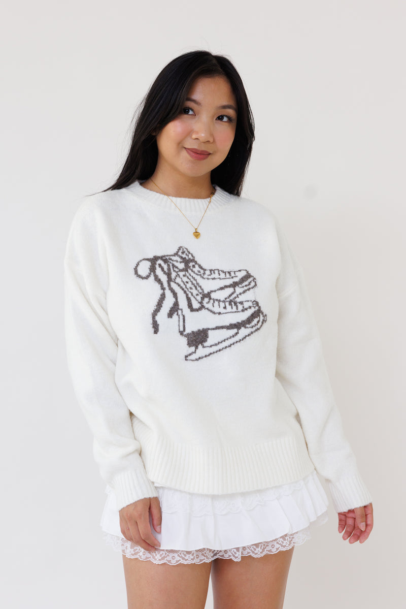 cream knit pullover sweater ice skate design long sleeve wool cozy winter layering top bow cute girly