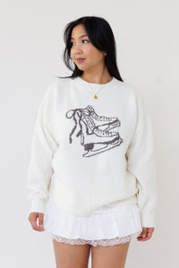 cream knit pullover sweater ice skate design long sleeve wool cozy winter layering top bow cute girly