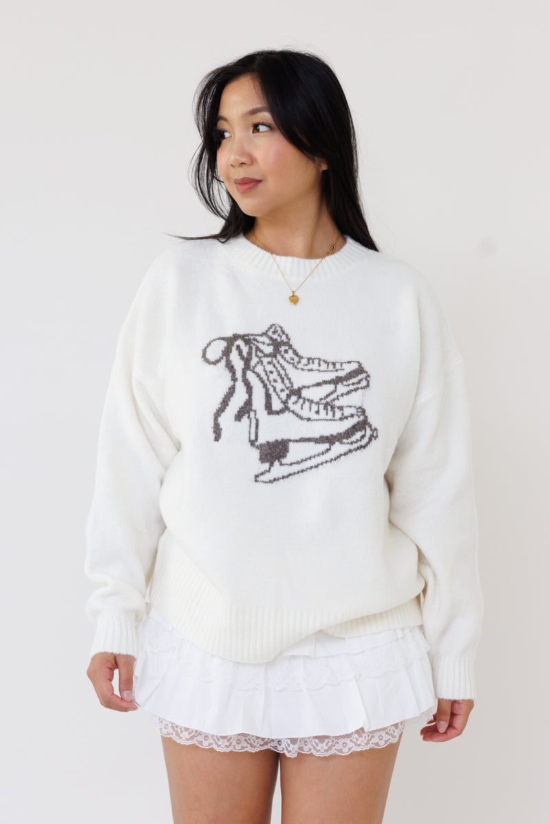 cream knit pullover sweater ice skate design long sleeve wool cozy winter layering top bow cute girly