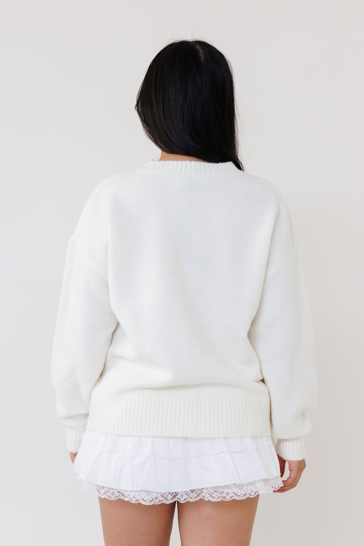 cream knit pullover sweater ice skate design long sleeve wool cozy winter layering top bow cute girly