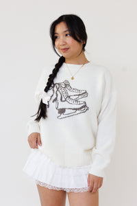 cream knit pullover sweater ice skate design long sleeve wool cozy winter layering top bow cute girly