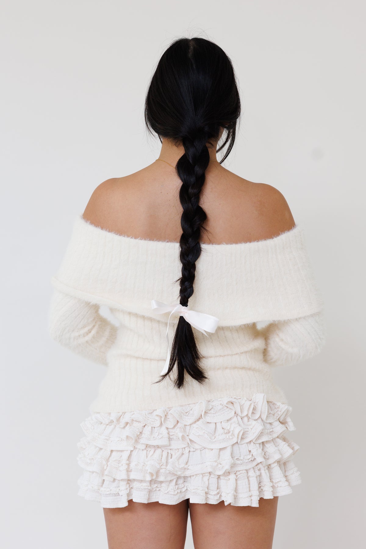 cream off shoulder knit sweater fuzzy ribbed fabric long sleeves fitted feminine cozy casual layering top fall winter