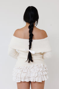 cream off shoulder knit sweater fuzzy ribbed fabric long sleeves fitted feminine cozy casual layering top fall winter