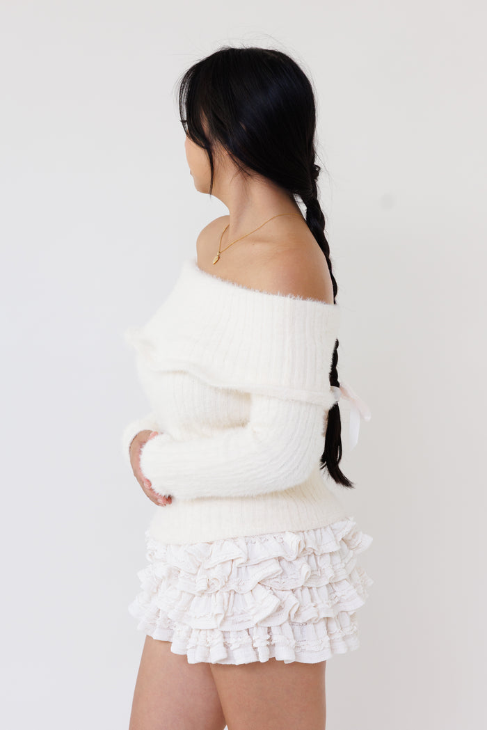 cream off shoulder knit sweater fuzzy ribbed fabric long sleeves fitted feminine cozy casual layering top fall winter