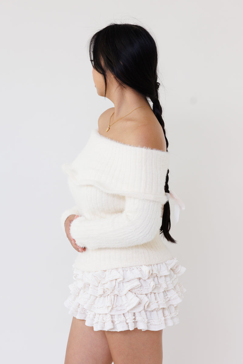 cream off shoulder knit sweater fuzzy ribbed fabric long sleeves fitted feminine cozy casual layering top fall winter