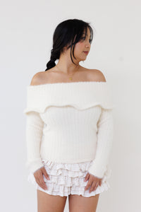 cream off shoulder knit sweater fuzzy ribbed fabric long sleeves fitted feminine cozy casual layering top fall winter