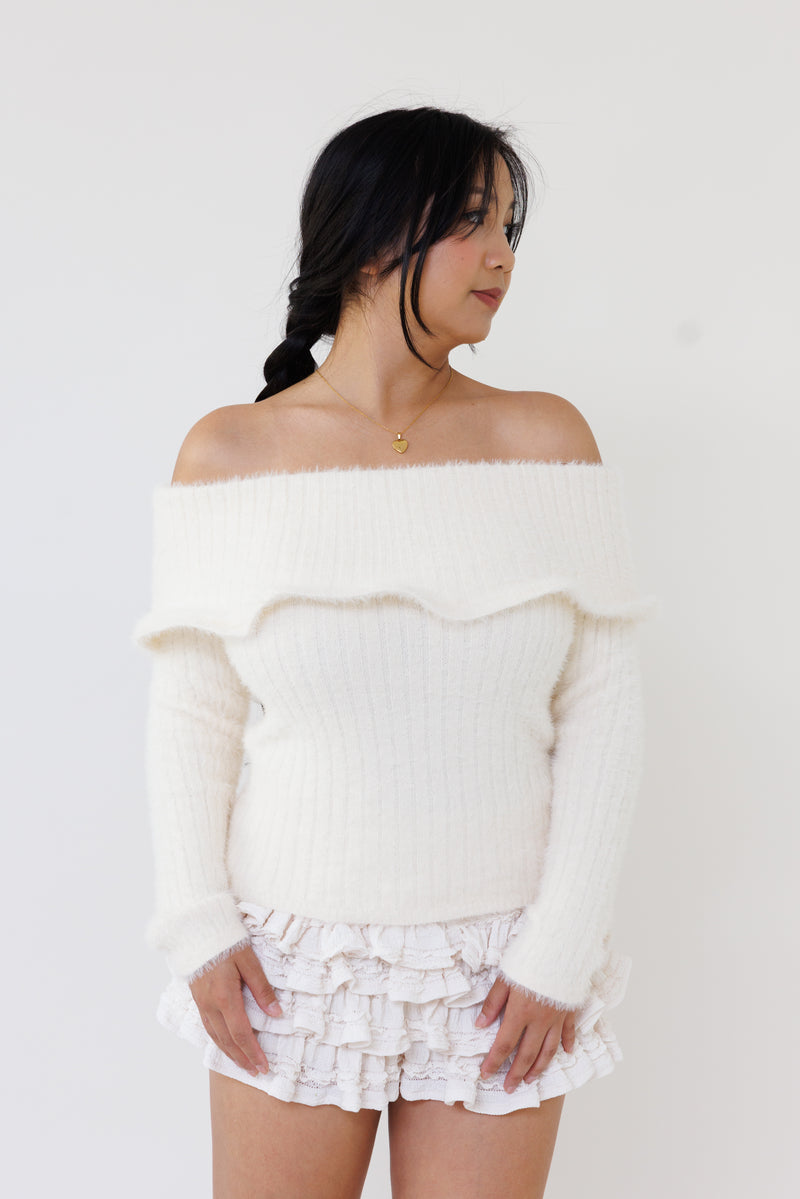 cream off shoulder knit sweater fuzzy ribbed fabric long sleeves fitted feminine cozy casual layering top fall winter