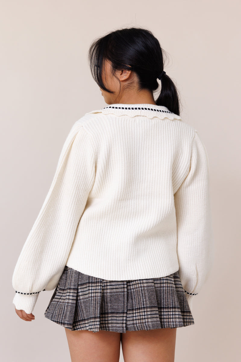 cream cardigan ribbed knit long balloon sleeves cuff button-front placket collared sweater lace black ribbon