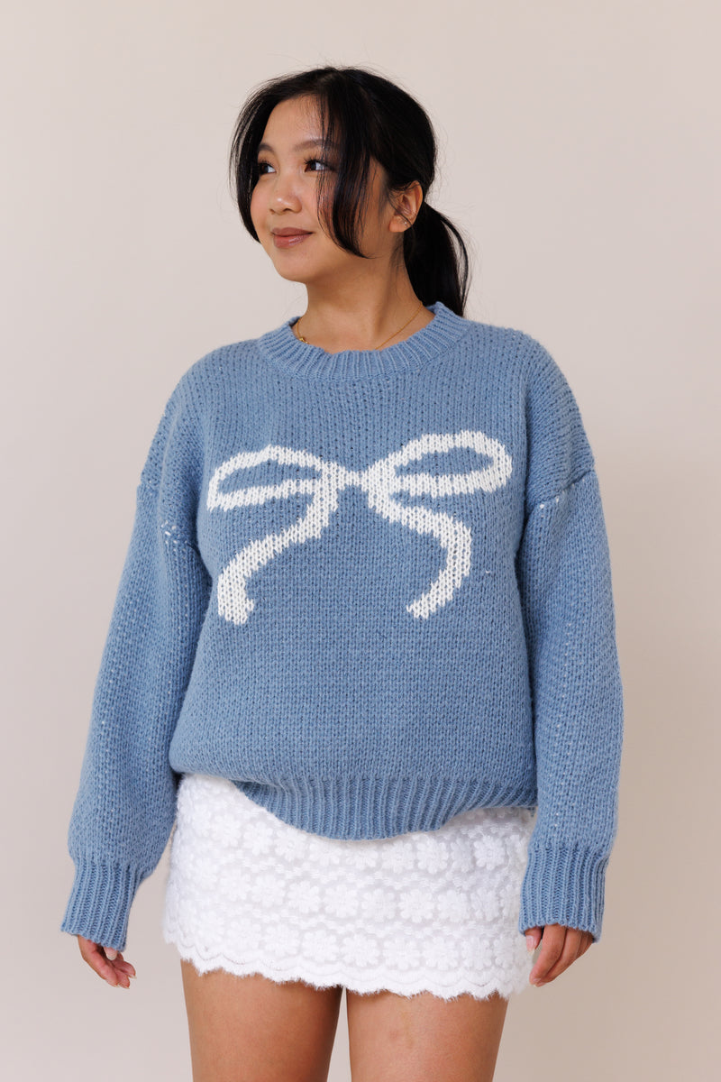 blue pullover knit sweater big bow balloon long sleeves comfy ribbed crew neckline oversized cuffed