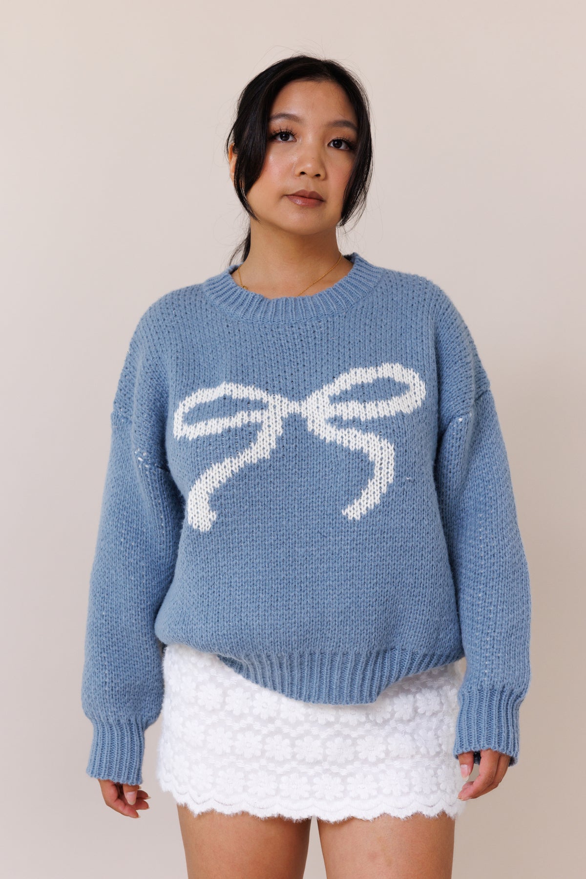 blue pullover knit sweater big bow balloon long sleeves comfy ribbed crew neckline oversized cuffed