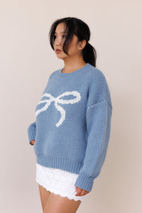 blue pullover knit sweater big bow balloon long sleeves comfy ribbed crew neckline oversized cuffed