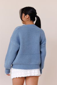 blue pullover knit sweater big bow balloon long sleeves comfy ribbed crew neckline oversized cuffed