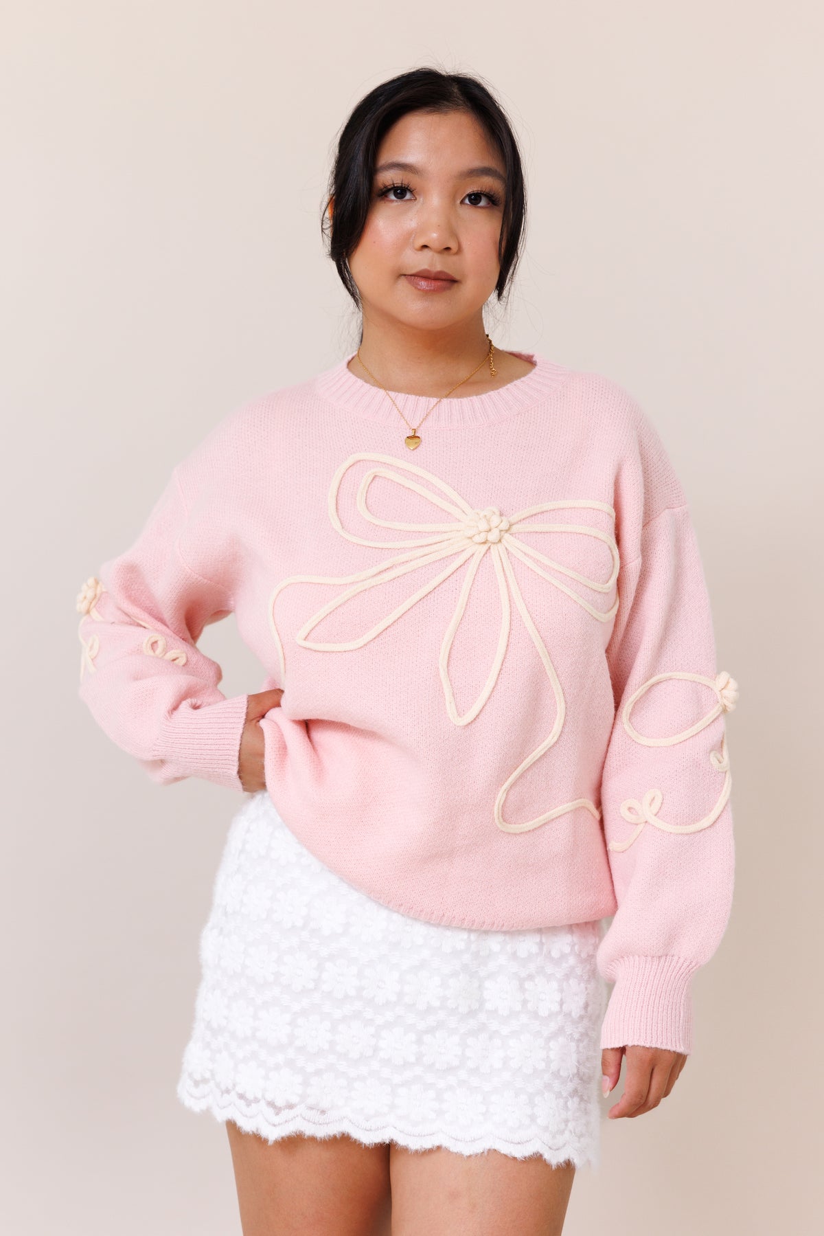 pink pullover knit sweater big bow long sleeve comfy ribbed crew neckline