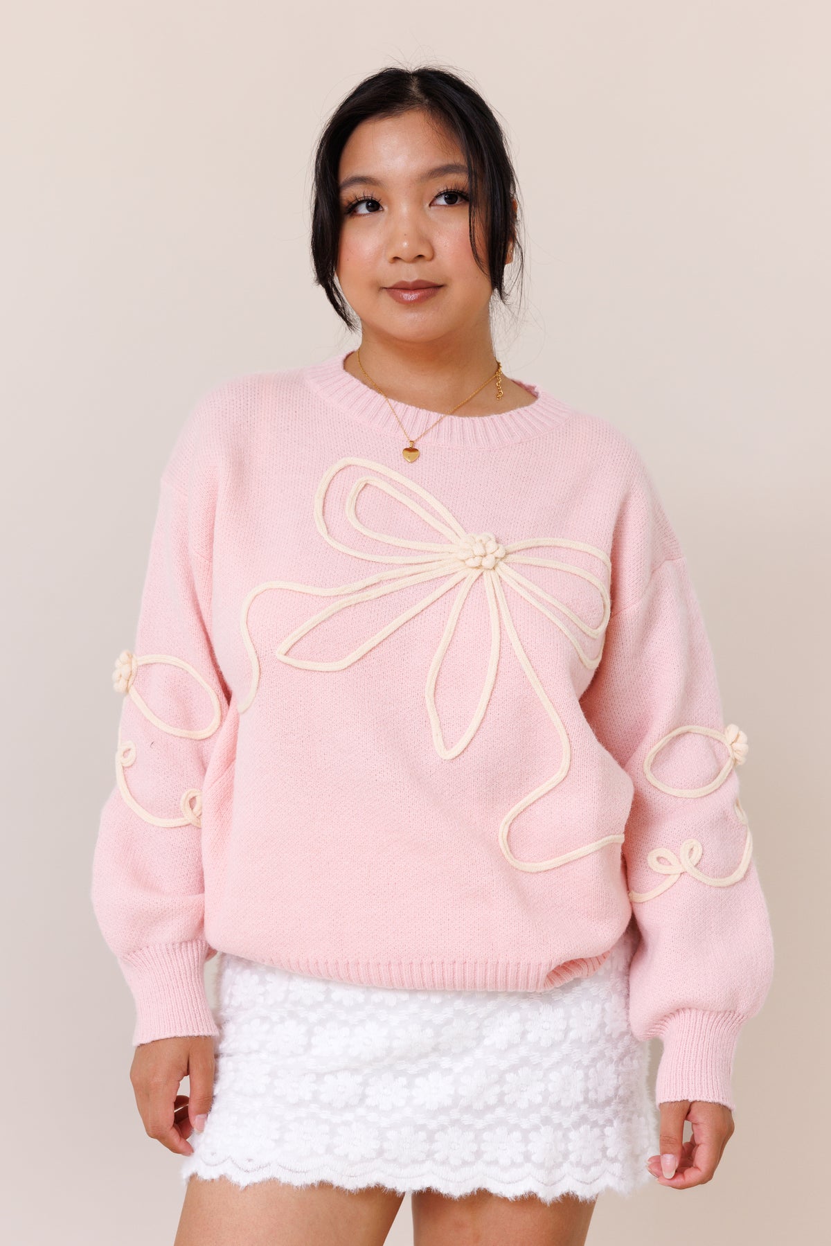 pink pullover knit sweater big bow long sleeve comfy ribbed crew neckline