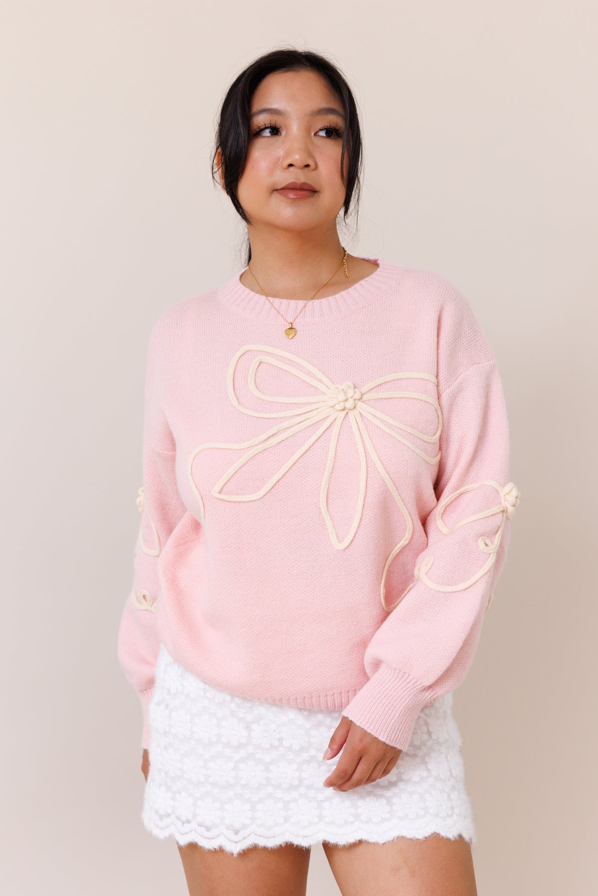 pink pullover knit sweater big bow long sleeve comfy ribbed crew neckline