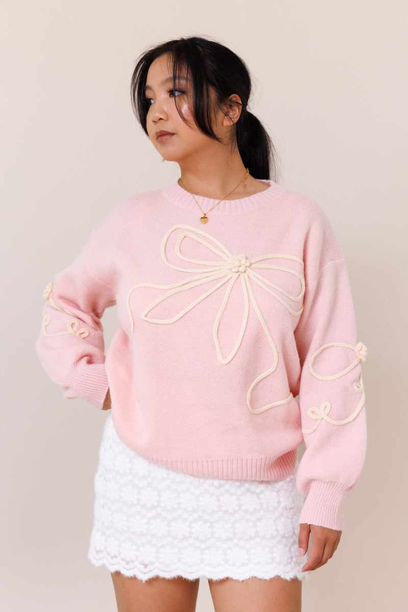 pink pullover knit sweater big bow long sleeve comfy ribbed crew neckline