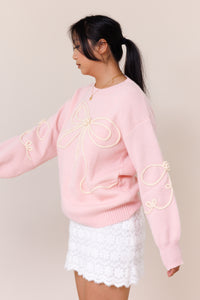 pink pullover knit sweater big bow long sleeve comfy ribbed crew neckline