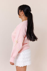 pink pullover knit sweater big bow long sleeve comfy ribbed crew neckline